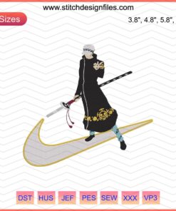 Nike x Trafalgar D. Water Law Embroidery Design File, intricate Nike machine embroidery pattern with anime-inspired graphics.