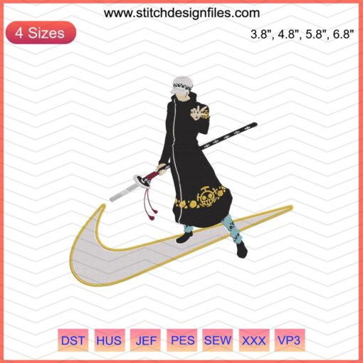 Nike x Trafalgar D. Water Law Embroidery Design File, intricate Nike machine embroidery pattern with anime-inspired graphics.