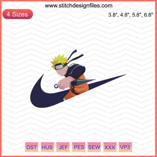 Nike Naruto Attack Embroidery Designs File - Anime-inspired Nike machine embroidery with iconic characters, custom apparel design.