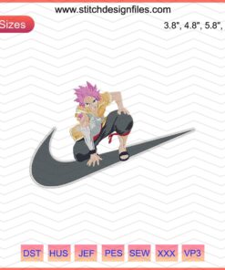"Nike x Natsu Dragneel Embroidery Design File featuring anime-themed elements, ideal for Nike machine embroidery projects."
