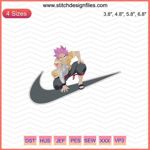 "Nike x Natsu Dragneel Embroidery Design File featuring anime-themed elements, ideal for Nike machine embroidery projects."
