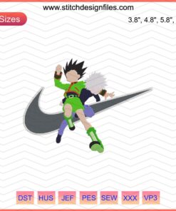 Nike x Killua and Gon Embroidery File, featuring vibrant Nike machine embroidery designs inspired by Hunter x Hunter anime characters.