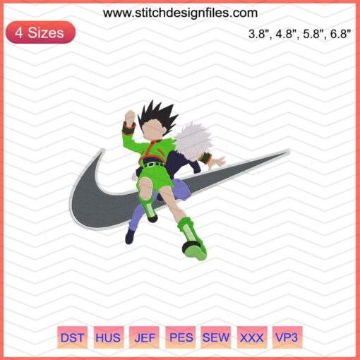 Nike x Killua and Gon Embroidery File, featuring vibrant Nike machine embroidery designs inspired by Hunter x Hunter anime characters.