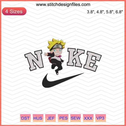 Nike Boruto Chibi Embroidery Designs File featuring Naruto-themed patterns; ideal for machine embroidery fans.