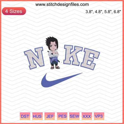 Nike Chibi Sasuke Embroidery Design, featuring Sasuke in iconic Nike gear, compatible with embroidery machines.