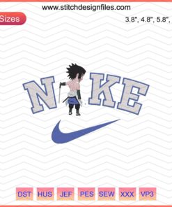 Chibi Sasuke Attack Embroidery Design featuring Nike-inspired artistry for machine embroidery files. Perfect for fans and crafters.