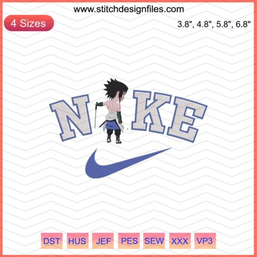 Chibi Sasuke Attack Embroidery Design featuring Nike-inspired artistry for machine embroidery files. Perfect for fans and crafters.