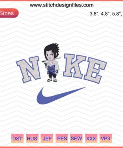 Embroidery design featuring chibi Uchiha Sasuke in Nike style for machine embroidery download.