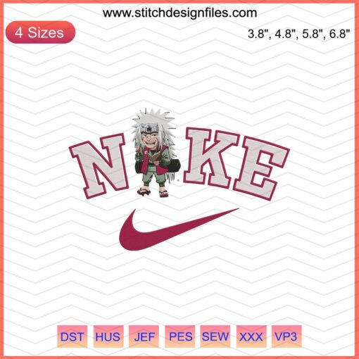 Nike x Chibi Jiraiya embroidery designs file, featuring detailed Nike-themed machine embroidery patterns.