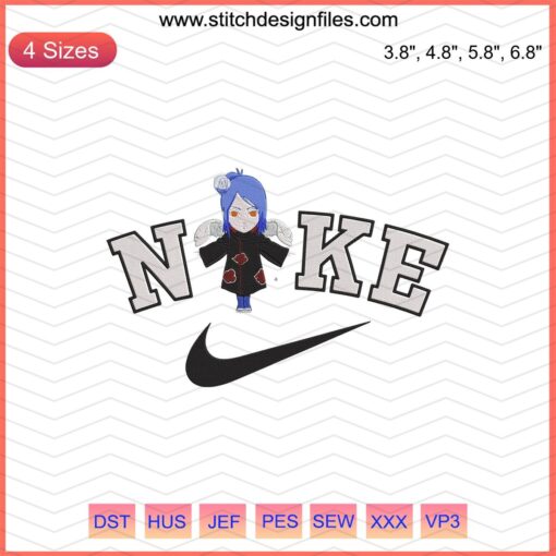 Nike x Chibi Konan Embroidery Design File, featuring Nike swoosh with Chibi Konan character for machine embroidery projects.