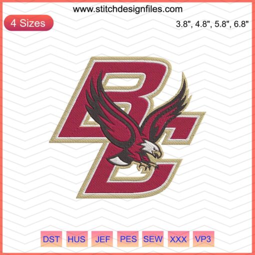Boston College Eagles logo embroidery design, NCAA machine embroidery file, digital download for custom sports apparel.
