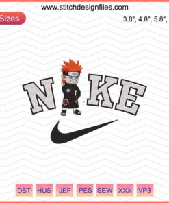 Nike x Chibi Pein Jigokudo Embroidery Design File, featuring Nike logo and intricate Chibi Pein Jigokudo motif for machine embroidery.