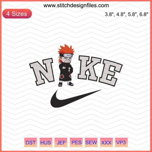 Nike x Chibi Pein Jigokudo Embroidery Design File, featuring Nike logo and intricate Chibi Pein Jigokudo motif for machine embroidery.