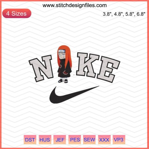 Chibi Pein Ningendo Nike Embroidery Designs File, vibrant anime-inspired Nike machine embroidery patterns, digital download.
