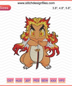 Kyojuro X Charmander Embroidery File: Demon Slayer & Pokemon Mashup, Machine Embroidery Designs, Kimetsu No Yaiba Fan Art.