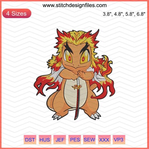 Kyojuro X Charmander Embroidery File: Demon Slayer & Pokemon Mashup, Machine Embroidery Designs, Kimetsu No Yaiba Fan Art.