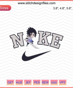 Chibi Sasuke Eternal Mangekyou embroidery design, Nike-themed, machine embroidery file, vibrant anime character art.