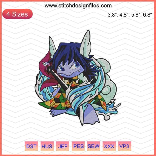 Giyu X Wartortle Embroidery Design: Kimetsu x Pokemon Machine Embroidery, dynamic duo in vibrant stitching.