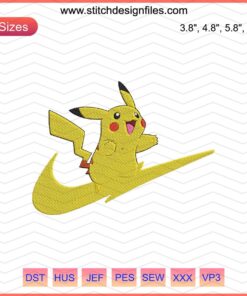 Nike Pikachu embroidery design, featuring a playful Pikachu with Nike logo, ideal for machine embroidery projects.