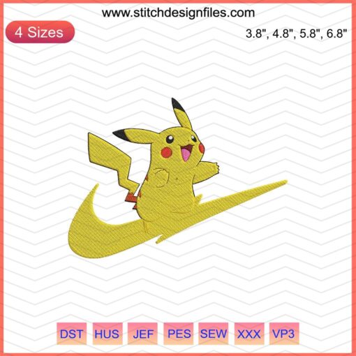 Nike Pikachu embroidery design, featuring a playful Pikachu with Nike logo, ideal for machine embroidery projects.