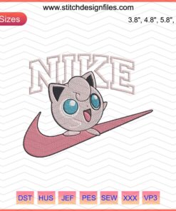 "Jigglypuff Nike Embroidery Design File: Cute Pokémon meets Nike style in an intricate machine embroidery pattern."
