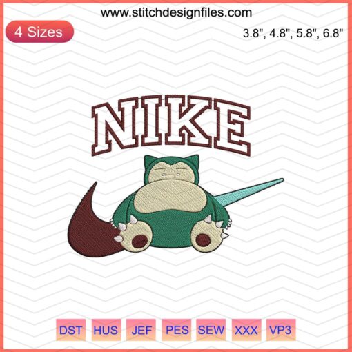 Nike Snorlax Embroidery Design File featuring the iconic Pokemon in Nike gear, perfect for machine embroidery projects.