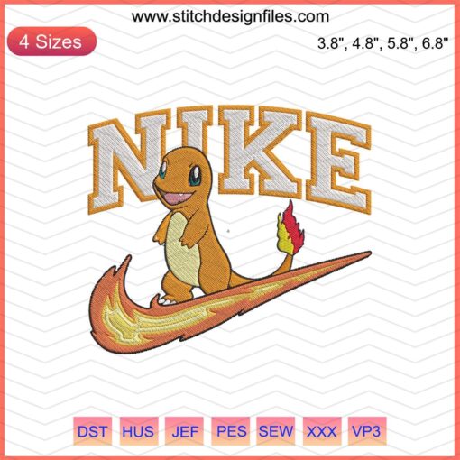 Charmander wearing Nike shoes machine embroidery design file, perfect for stitching on garments.