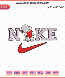 Nike Snoopy Love Embroidery Design, Nike Embroidery Files, Machine Embroidery, Cartoon Snoopy Heart, Sewing Craft Design