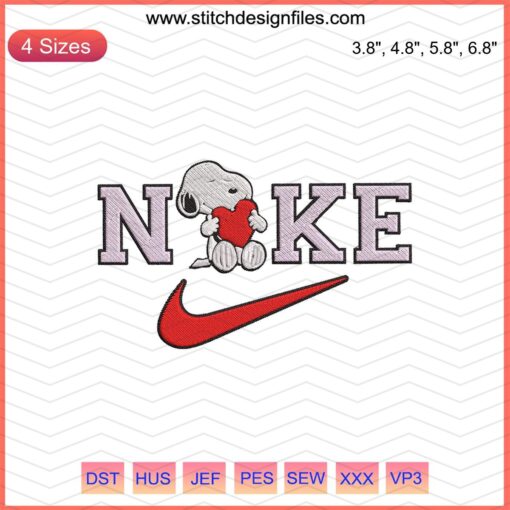 Nike Snoopy Love Embroidery Design, Nike Embroidery Files, Machine Embroidery, Cartoon Snoopy Heart, Sewing Craft Design