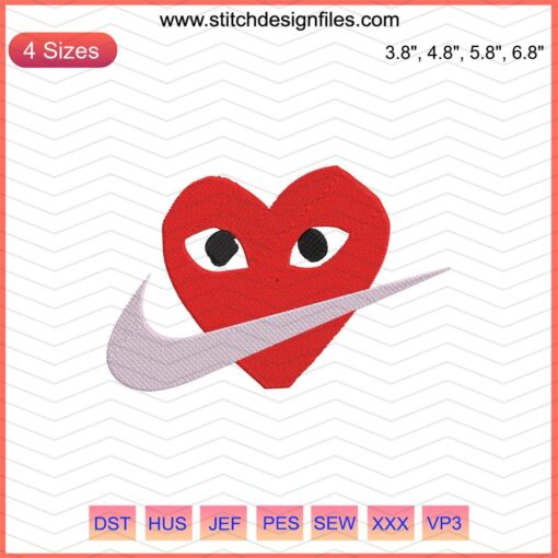 Nike Comme des GarÃƒÂ§ons embroidery file with distinctive design, seamless Nike-inspired patterns for machine embroidery enthusiasts.
