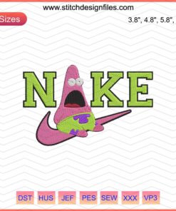 Nike Patrick Star Embroidery Design File: Nike-themed machine embroidery featuring Patrick Star motif, digital download.