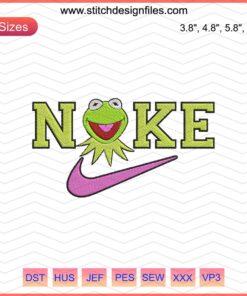 Nike Kermit the Frog Embroidery Design File: Colorful, machine-embroidery design with Nike's logo and Kermit the Frog motif.