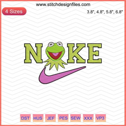 Nike Kermit the Frog Embroidery Design File: Colorful, machine-embroidery design with Nike's logo and Kermit the Frog motif.