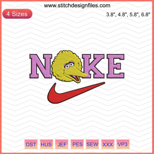 Nike Big Bird Embroidery Designs File: Vibrant Nike logo with Big Bird, perfect for machine embroidery enthusiasts.