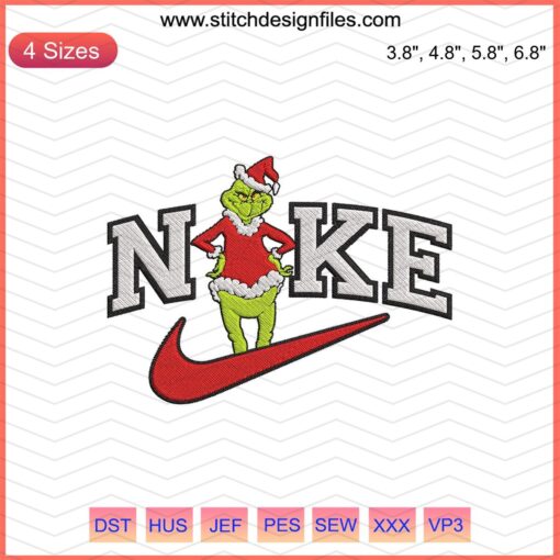 Nike Grinch Christmas Embroidery Designs File - Festive Nike Logo with Grinch Theme for Machine Embroidery