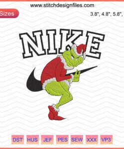 Nike Grinch Christmas Stolen Embroidery Design File, featuring the Grinch and Nike logo for machine embroidery projects