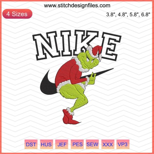 Nike Grinch Christmas Stolen Embroidery Design File, featuring the Grinch and Nike logo for machine embroidery projects