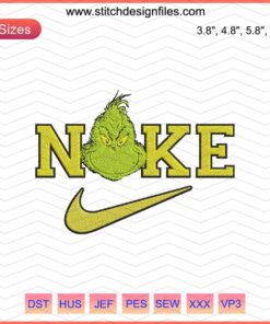 Grinch Nike embroidery design file, Christmas embroidery pattern, machine sew Nike design, festive Grinch embroidery.