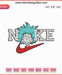 Nike Thing One embroidery design featuring Dr. Seuss themes, digital file for embroidery machines.