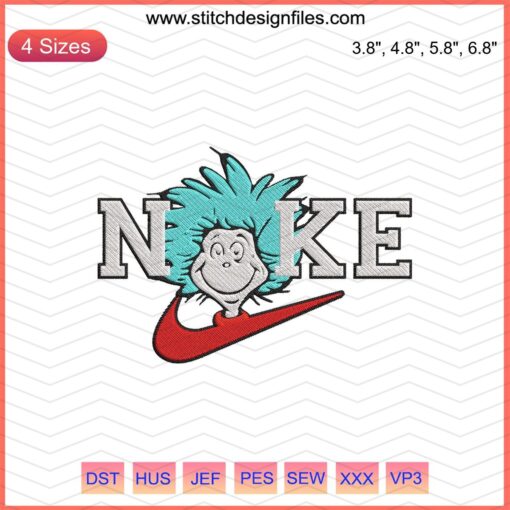 Nike Thing One embroidery design featuring Dr. Seuss themes, digital file for embroidery machines.