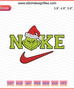 Nike Grinch Head Christmas Embroidery Design File: Festive machine embroidery featuring a Grinch-inspired Nike logo.