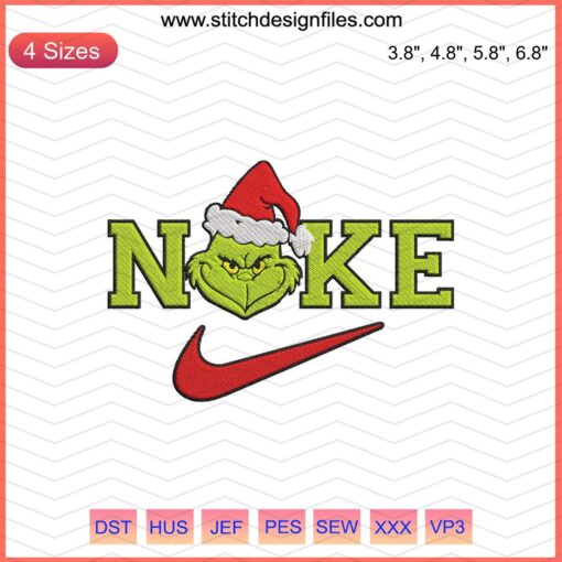 Nike Grinch Head Christmas Embroidery Design File: Festive machine embroidery featuring a Grinch-inspired Nike logo.