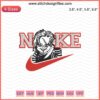 Chucky-themed Nike logo embroidery design, digital file, compatible with embroidery machines, vibrant and detailed.