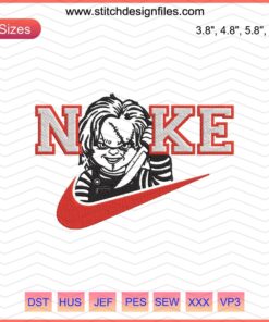 Chucky-themed Nike logo embroidery design, digital file, compatible with embroidery machines, vibrant and detailed.