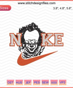 Nike Pennywise Embroidery Designs File: Detailed machine embroidery pattern featuring Nike and Pennywise clown motifs.