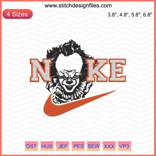 Nike Pennywise Embroidery Designs File: Detailed machine embroidery pattern featuring Nike and Pennywise clown motifs.