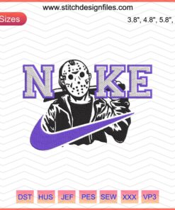Nike Jason Voorhees Embroidery Design: Intricate machine embroidery featuring Nike logo and Jason Voorhees mask.