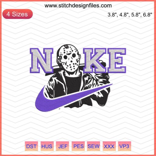 Nike Jason Voorhees Embroidery Design: Intricate machine embroidery featuring Nike logo and Jason Voorhees mask.