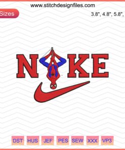 Spider-Man Nike embroidery design, cartoon style, machine embroidery file, vibrant superhero-themed, Nike logo detailed artwork.