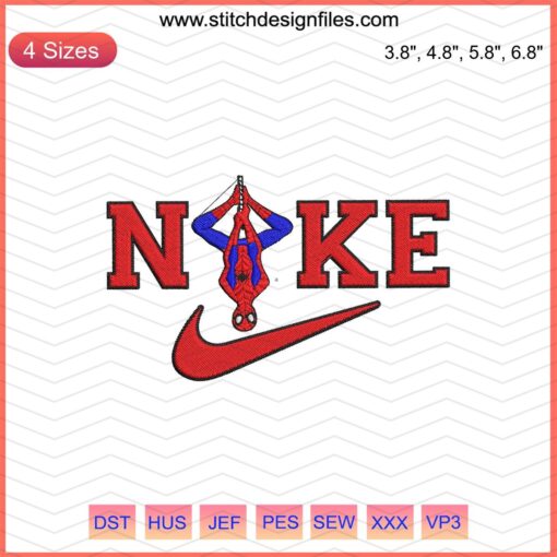 Spider-Man Nike embroidery design, cartoon style, machine embroidery file, vibrant superhero-themed, Nike logo detailed artwork.